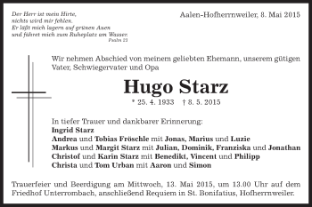 Traueranzeige von Hugo Starz von Schwäbische Post