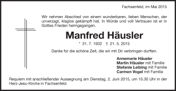Traueranzeige von Manfred Häusler von Schwäbische Post