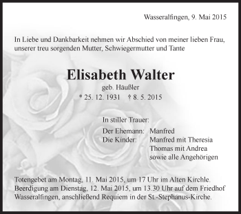 Traueranzeige von Elisabeth Walter von Schwäbische Post