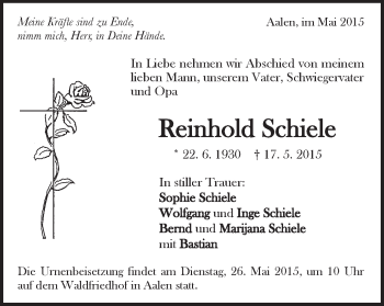 Traueranzeige von Reinhold Schiele von Schwäbische Post