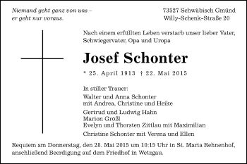 Traueranzeige von Josef Schonter von Gmünder Tagespost
