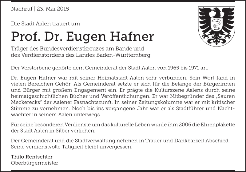  Traueranzeige für Eugen Hafner vom 23.05.2015 aus Schwäbische Post