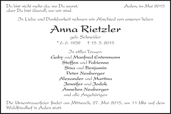 Traueranzeige von Anna Rietzler von Schwäbische Post