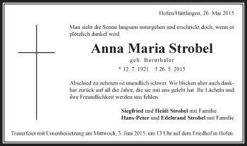 Traueranzeige von Anna Maria Strobel von Schwäbische Post