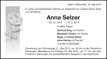 Traueranzeige von Anna Selzer  von Schwäbische Post