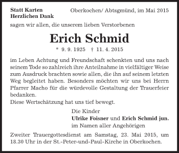 Traueranzeige von Erich Schmid von Schwäbische Post