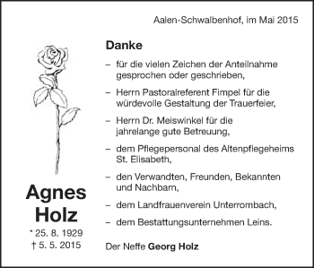 Traueranzeige von Agnes Holz von Schwäbische Post
