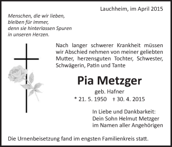 Traueranzeige von Pia Metzger von Schwäbische Post