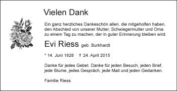 Traueranzeige von Evi Riess von Gmünder Tagespost