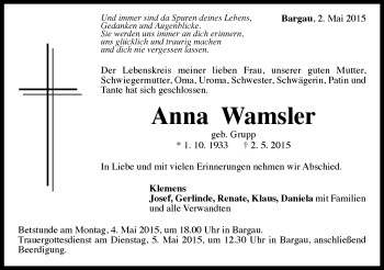 Traueranzeige von Anna Wamsler von Gmünder Tagespost