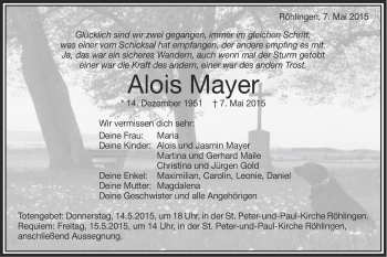 Traueranzeige von Alois Mayer von Schwäbische Post