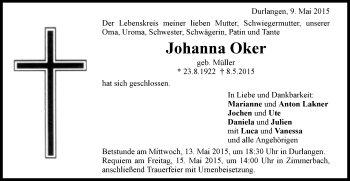 Traueranzeige von Johanna Oker von Gmünder Tagespost