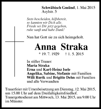 Traueranzeige von Anna Straka von Gmünder Tagespost