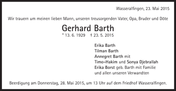Traueranzeige von Gerhard Barth von Schwäbische Post