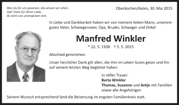Traueranzeige von Manfred Winkler von Schwäbische Post