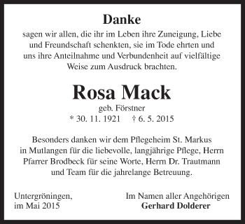 Traueranzeige von Rosa Mack von Gmünder Tagespost