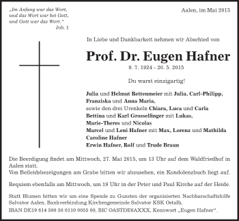 Traueranzeige von Eugen Hafner von Schwäbische Post