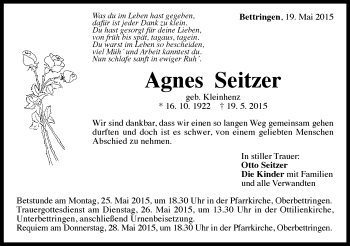 Traueranzeige von Agnes Seitzer von Gmünder Tagespost