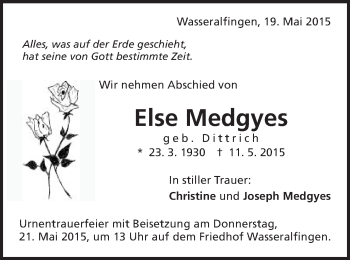 Traueranzeige von Else Medgyes von Schwäbische Post