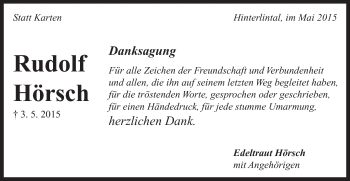 Traueranzeige von Rudolf Hörsch von Gmünder Tagespost