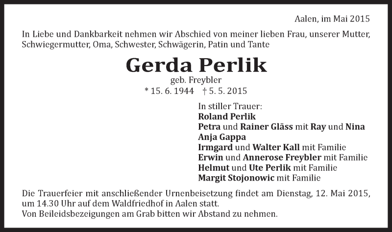  Traueranzeige für Gerda Perlik vom 09.05.2015 aus Schwäbische Post