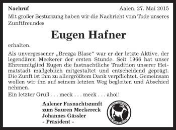 Traueranzeige von Eugen Hafner von Schwäbische Post