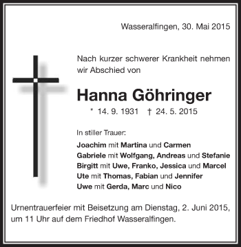 Traueranzeige von Hanna Göhringer von Schwäbische Post