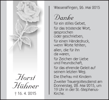 Traueranzeige von Horst Hühner von Schwäbische Post
