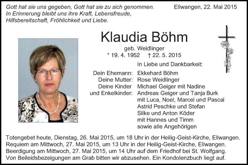  Traueranzeige für Klaudia Böhm vom 26.05.2015 aus Schwäbische Post