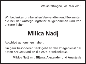Traueranzeige von Milica Nadj von Schwäbische Post