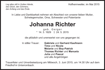 Traueranzeige von Johanna Richter von Schwäbische Post