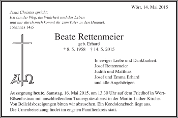 Traueranzeige von Beate Rettenmeier von Schwäbische Post