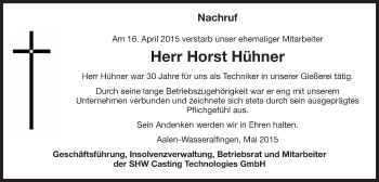 Traueranzeige von Horst Hühner von Schwäbische Post