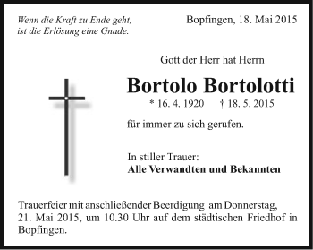 Traueranzeige von Bortolo Bortolotti von Schwäbische Post
