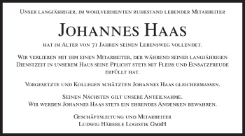 Traueranzeige von Johannes Haas von Gmünder Tagespost