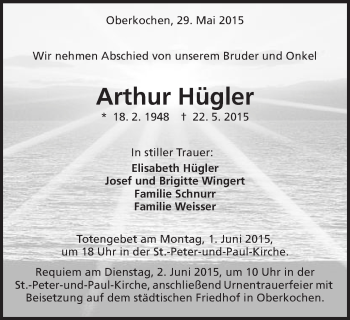 Traueranzeige von Arthur Hügler von Schwäbische Post