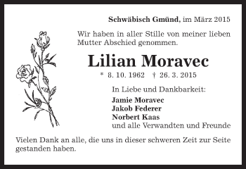 Traueranzeige von Lilian Moravec von Gmünder Tagespost