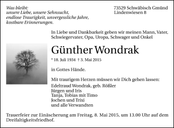 Traueranzeige von Günther Wondrak von Gmünder Tagespost