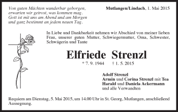 Traueranzeige von Elfriede Strenzl von Gmünder Tagespost