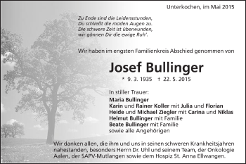 Traueranzeige von Josef Bullinger von Schwäbische Post
