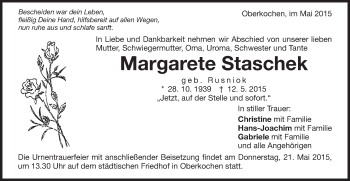 Traueranzeige von Margarete Staschek von Schwäbische Post