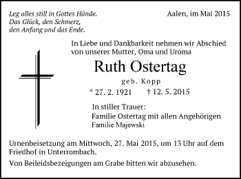 Traueranzeige von Ruth Ostertag von Schwäbische Post
