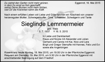 Traueranzeige von Sieglinde Lewmmermeier von Schwäbische Post