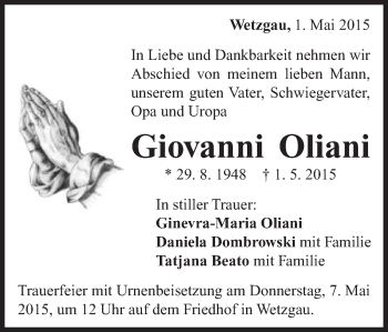 Traueranzeige von Giovanni Oliani von Gmünder Tagespost