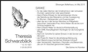 Traueranzeige von Theresia Schwarzbäck von Schwäbische Post