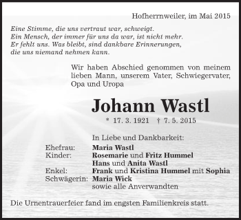 Traueranzeige von Johann Wastl von Schwäbische Post