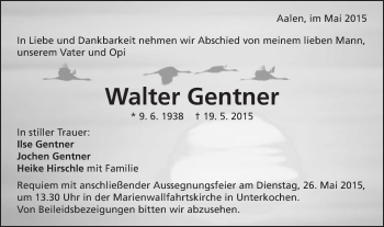 Traueranzeige von Walter Gentner von Schwäbische Post