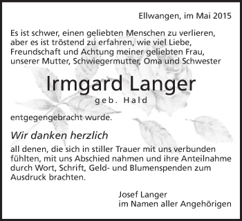 Traueranzeige von Irmgard Langer von Schwäbische Post