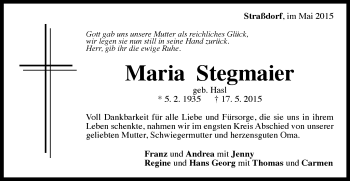 Traueranzeige von Maria Stegmaier von Gmünder Tagespost