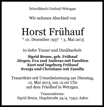 Traueranzeige von Horst Frühauf von Gmünder Tagespost